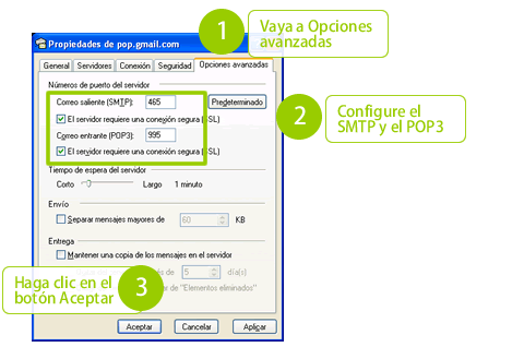Opciones de configuración del POP3 y SMTP de una cuenta de correo electrónico de Google Apps